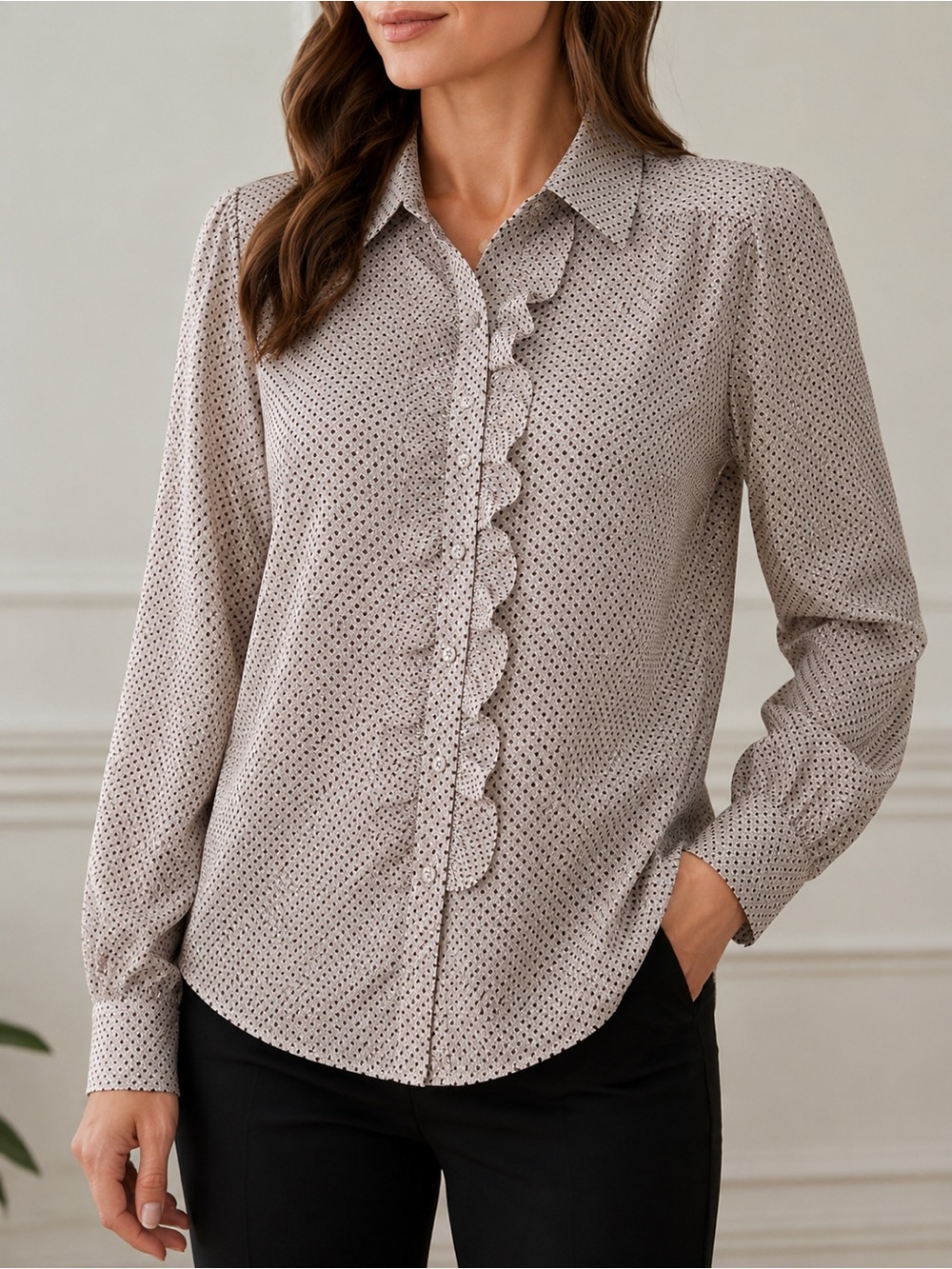 Jonathan Martin Women’s Woven Collared Long Sleeve Ruffle Button-Up Polka Dot